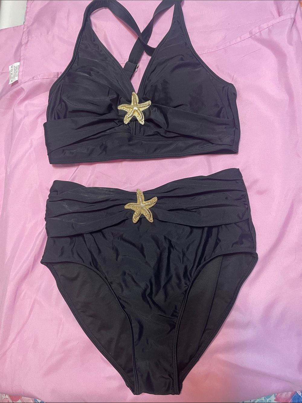 Black Two-Piece Swimsuit with Gold Starfish Accents NWOT
